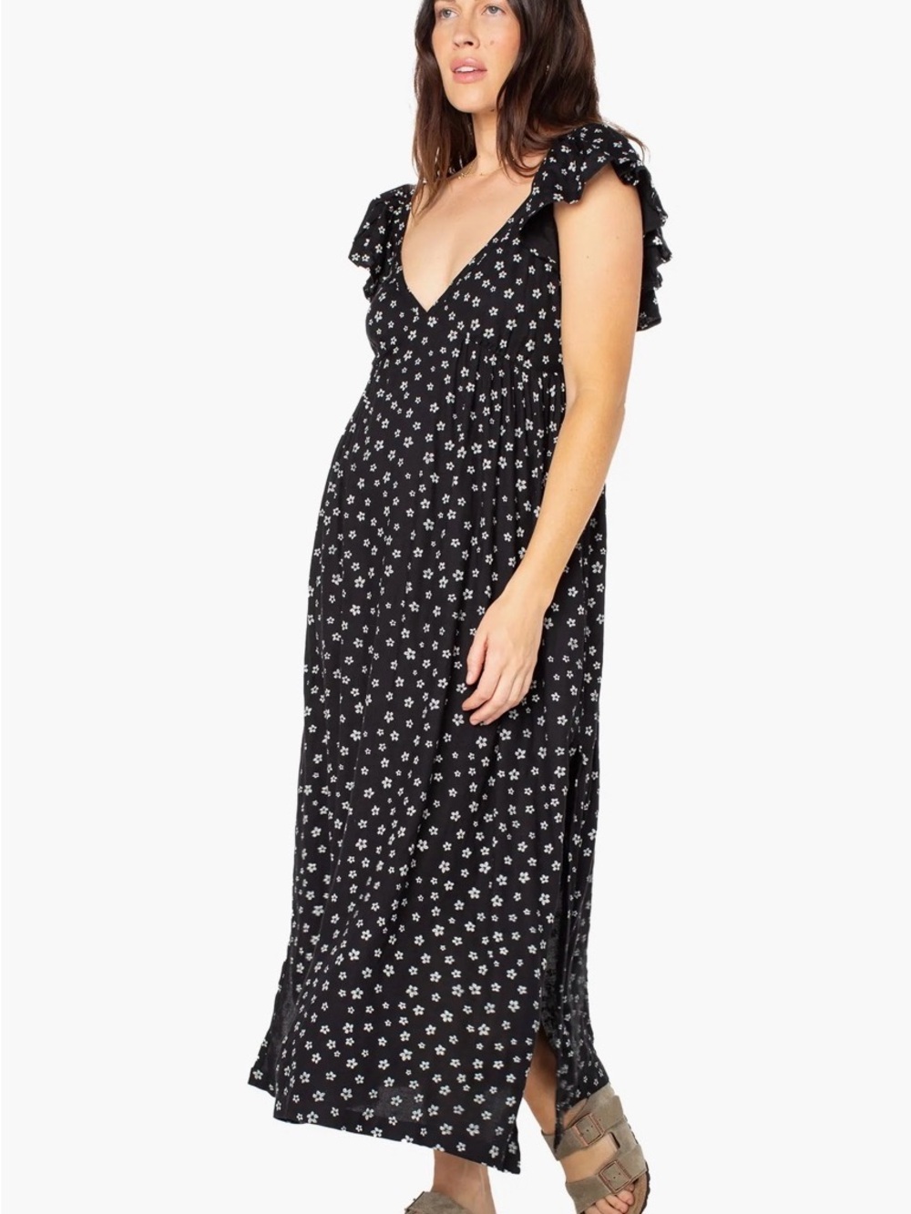 Roxy Black Floral Maxi Dress with Flutter Sleeves